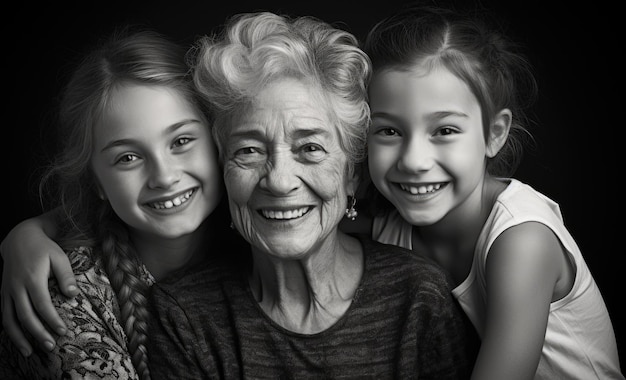 Una fotografía en blanco y negro de tres niñas y una mujer mayor ai