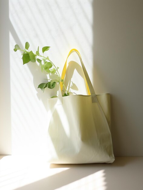 Foto fotografía de bolsa de algodón ecológica blanca y amarilla con ramas en el interior