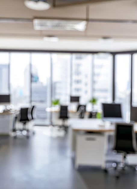 Foto fotografía borrosa de fondo de una oficina moderna vacía en el centro de la ciudad diseño interior del espacio de trabajo