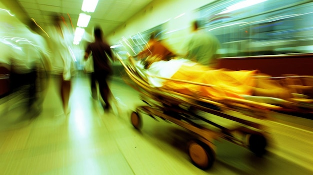 Una fotografía borrosa de un paciente en una camilla o camilla siendo empujado a velocidad a través de un pasillo del hospital por médicos y enfermeras a una sala de emergencias