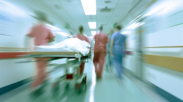 Una fotografía borrosa de un paciente en una camilla o camilla siendo empujado a velocidad a través de un pasillo del hospital por médicos y enfermeras a una sala de emergencias