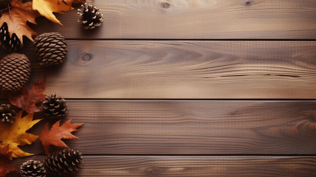 Fotografía de bosque otoñal con piñas y hojas de arce con fondo de madera