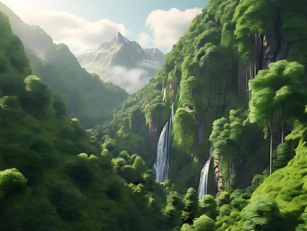 Fotografía de un bosque verde con montañas