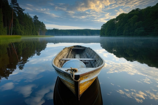 Fotografía de un bote de remos en un lago tranquilo