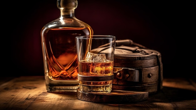 Foto fotografía de una botella de whisky escocés con un vaso de whisky y un viejo barril de madera.