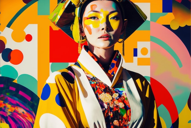 Fotografia brilhantemente colorida de uma mulher com pintura facial colorida em sua IA generativa