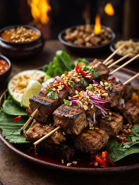 fotografía de brocheta de carne sate indonesia