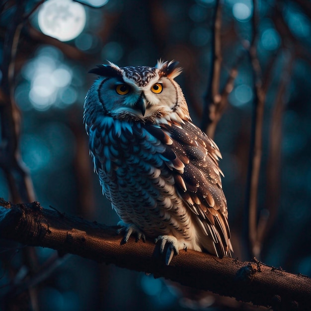 Fotografía de un búho descansando en una gran rama en el bosque con la luna llena al anochecer