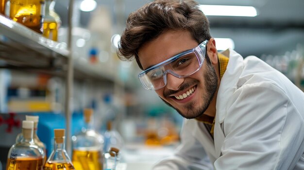 Foto fotografía de la cabeza de un químico analítico sonriente