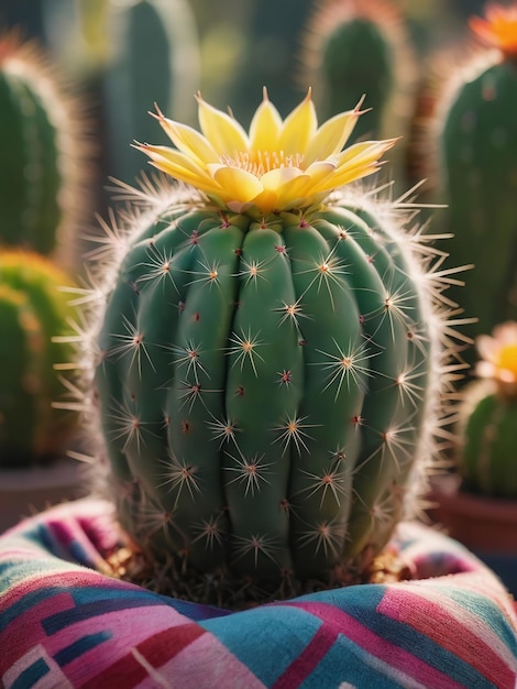 Fotografía de un cactus en una manta de colores