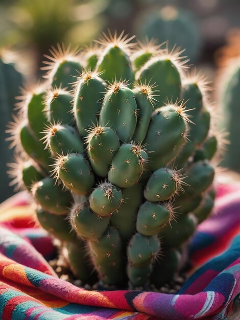 Fotografía de un cactus en una manta de colores