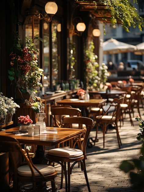 Fotografía de un café al aire libre a la luz del día con una iluminación suave generada por la IA