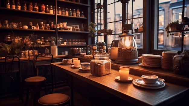 fotografía de una cafetería con un acogedor estante y una mesa dispuestas