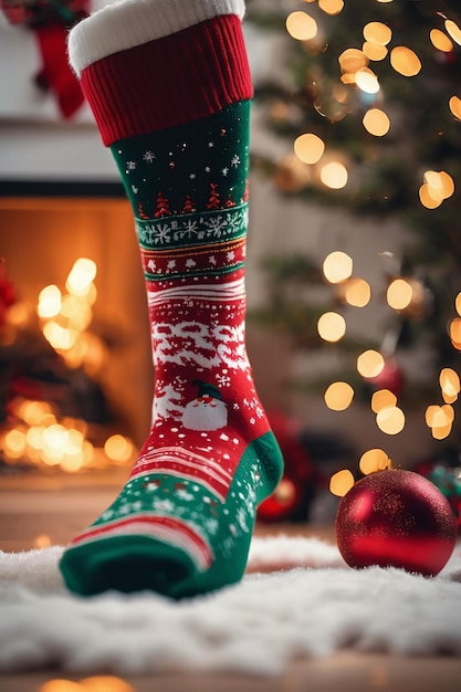 Fotografía de calcetines de Navidad con adornos de Navidad en el fondo papel tapiz nataline