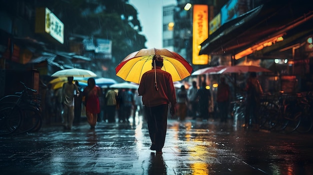 Fotografía callejera del monzón capturando el ajetreo y el bullicio bajo paraguas empapados de lluvia
