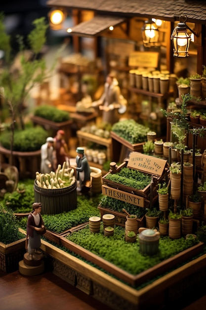 Foto fotografía con cambio de inclinación de una botica y un mercado de hierbas que muestra la antigua idea creativa medieval de busy mark