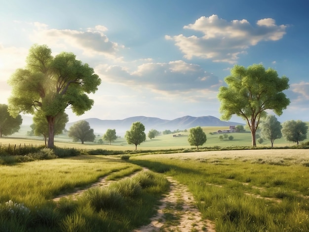 Una fotografía de un camino de tierra en un campo de un paisaje