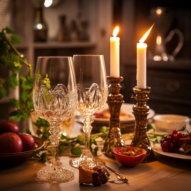 Fotografía de candelabros de Shabbat con velas encendidas en la mesa de la cocina tradicional judía