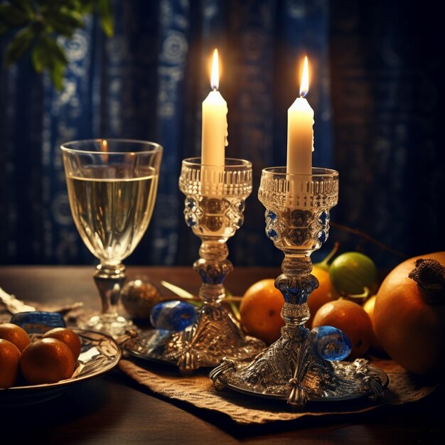 Fotografía de candelabros de Shabbat con velas encendidas en la mesa de la cocina tradicional judía