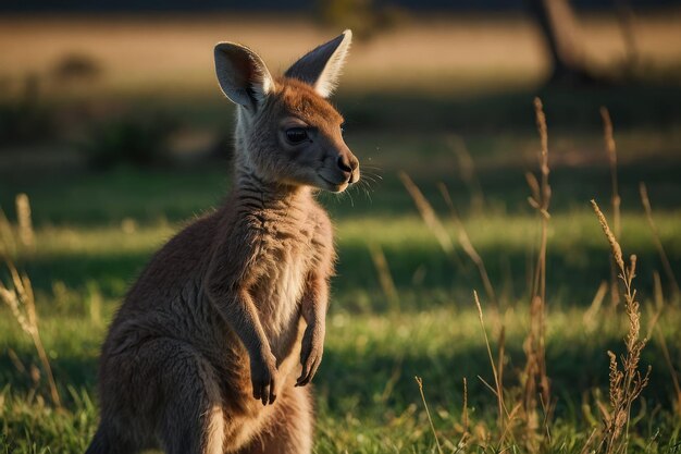 Fotografía de un canguro bebé de pie en un campo cubierto de hierba con un fondo borroso