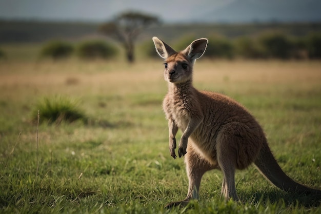 Fotografía de un canguro bebé de pie en un campo cubierto de hierba con un fondo borroso