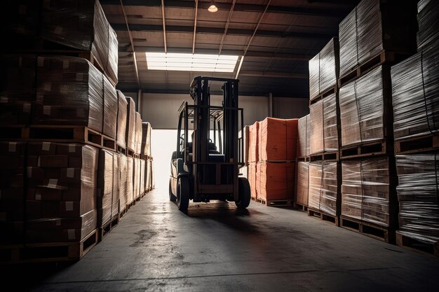 Fotografía de una carretilla elevadora apilando cajas en un almacén creado con IA generativa