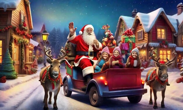 Foto fotografía de cartel navideño colorido de papá noel y amigos montando un coche de navidad en el pueblo