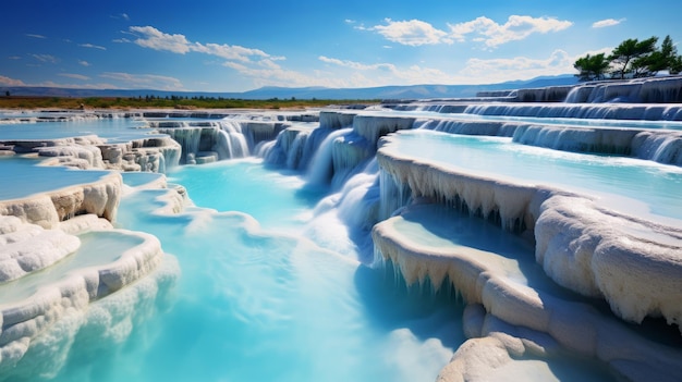 Fotografía De Cascada Surrealista Cautivadora Corriente De Agua Azul En La Cuenca De Pamukkale