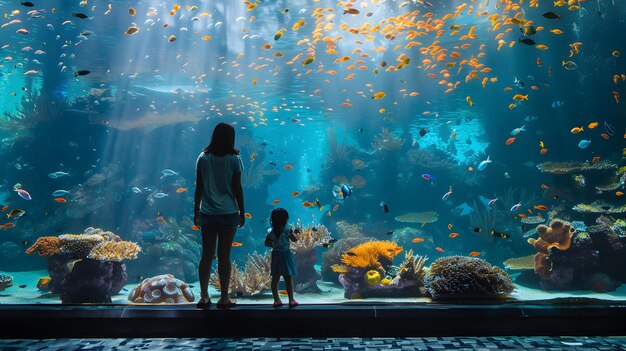 Fotografia cativante Imagem realista de uma família visitando um aquário, explorando a vida marinha e desfrutando