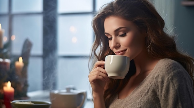 Fotografía cautivadora Una chica hermosa disfrutando de café caliente en un ambiente acogedor de la cocina