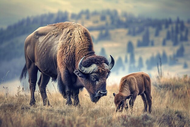 Una fotografía cautivadora de una madre búfalo y su h generativo ai