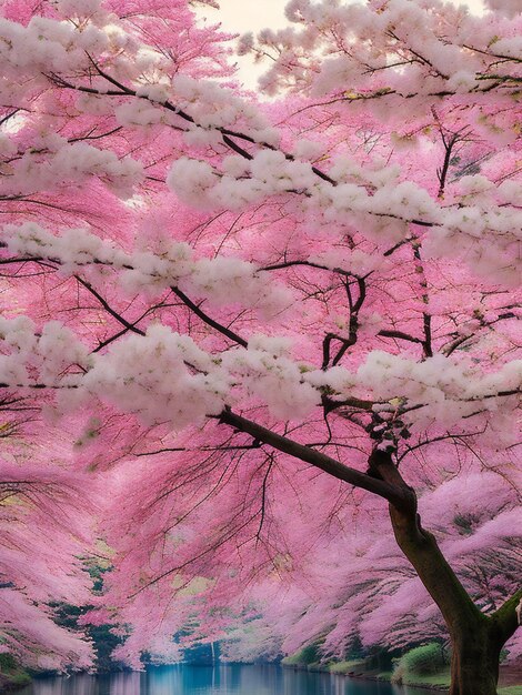 Foto una fotografía cautivadora que muestra un delicado árbol rosado en plena floración.