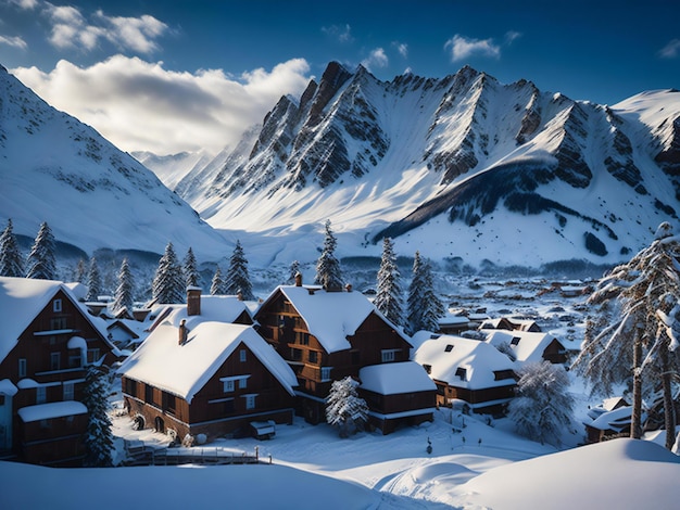 Una fotografía cautivadora que muestra una pintoresca ciudad cubierta de nieve con encantadoras casas pequeñas