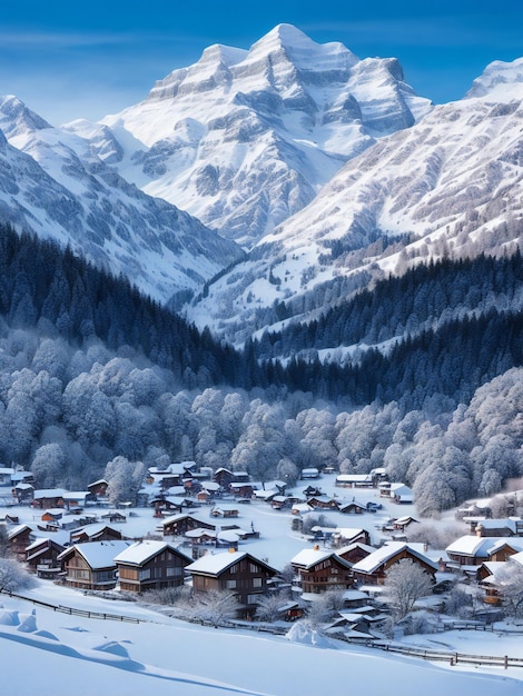 Una fotografía cautivadora que muestra una pintoresca ciudad cubierta de nieve con encantadoras casas pequeñas