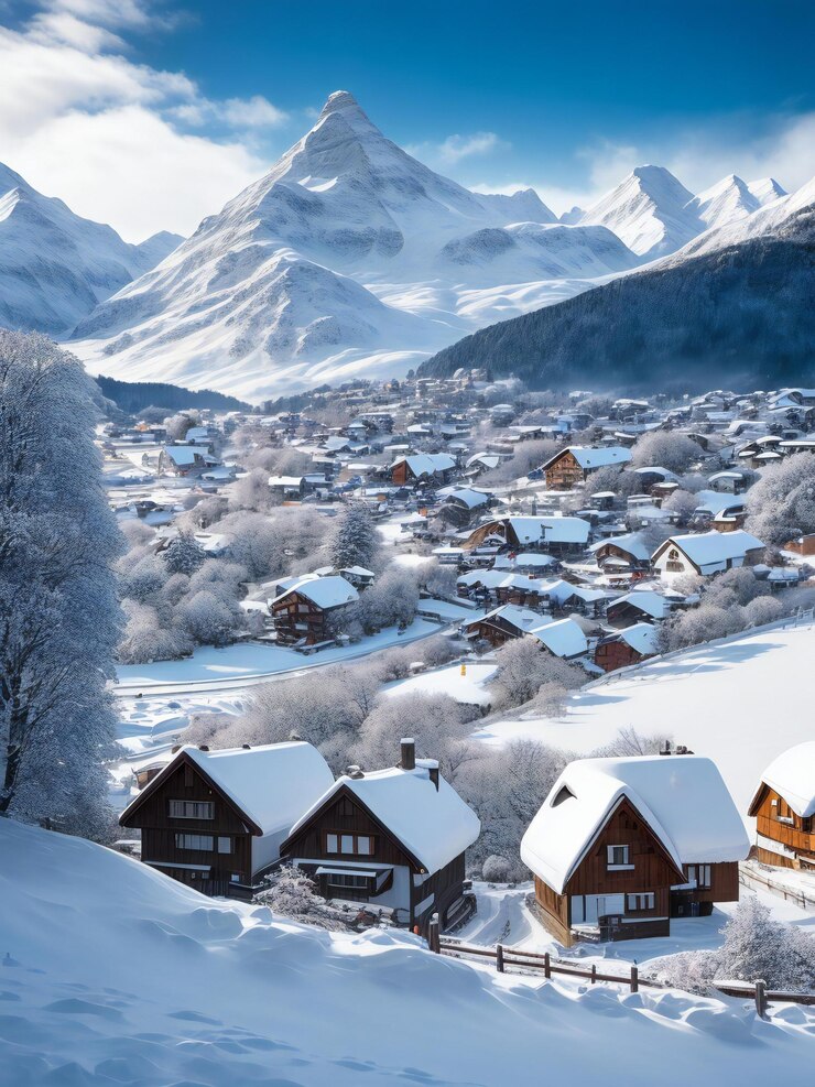 Una fotografía cautivadora que muestra una pintoresca ciudad cubierta de nieve con encantadoras casas pequeñas