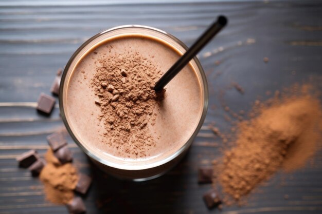 Fotografía cenital de batido de chocolate con una pajita