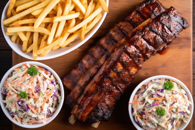 Fotografía cenital de costillas a la barbacoa, ensalada de col y papas fritas divididas en secciones