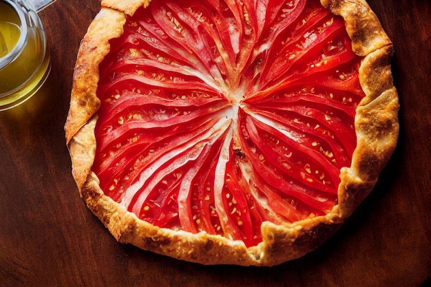 Fotografía cenital de deliciosa galette de tomate con aceite de oliva fresco ilustrado en 3d