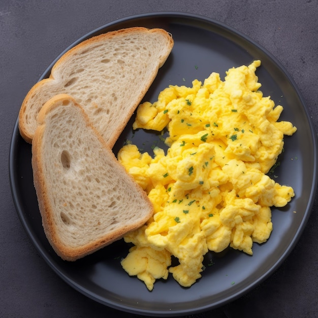 Fotografía cenital de huevos revueltos y tostadas