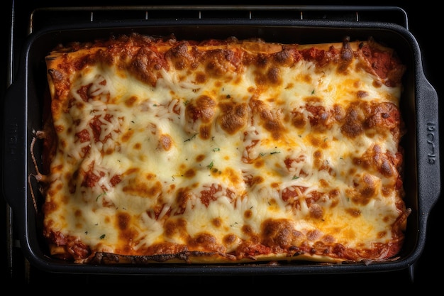 Fotografía cenital de lasaña horneada en el horno con aromas tentadores que llenan el aire