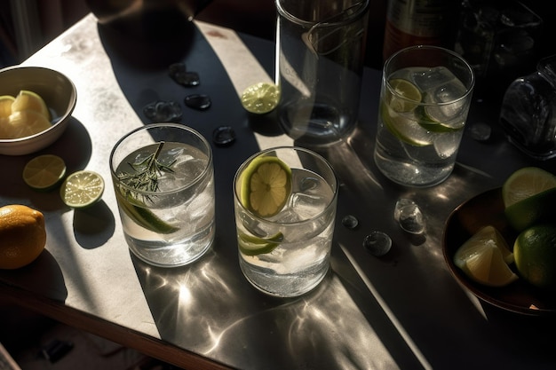 Fotografía cenital de una refrescante bebida de gin tonic con luz solar y sombras Generative ai