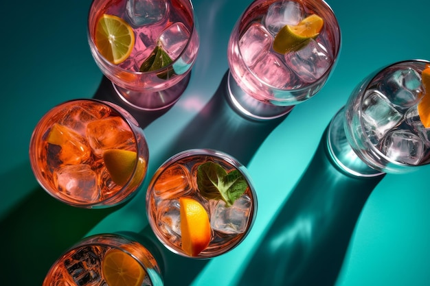 Fotografía cenital de una refrescante bebida de gin tonic con luz solar y sombras Generative ai