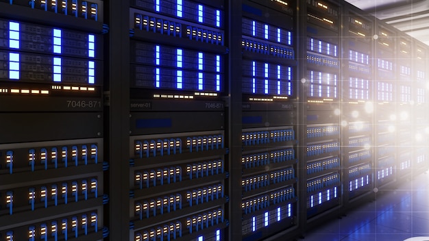 Fotografía de un centro de datos con varias filas de racks de servidores totalmente operativos Telecomunicaciones modernas