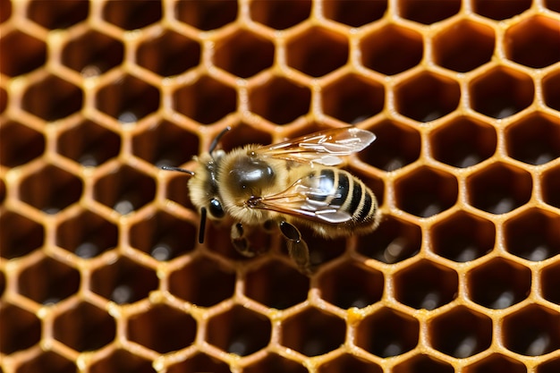 Fotografía de cerca de la abeja y el panal que destaca las complejidades naturales