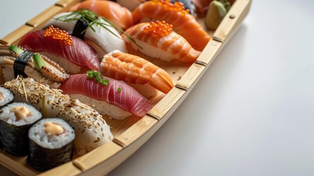 fotografía de cerca de un barco de sushi en una mesa blanca