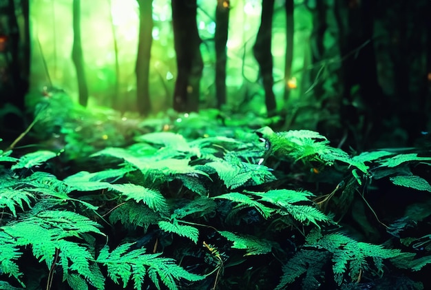 Fotografía de cerca Bosque mágico con plantas vibrantes y brillantes telón de fondo