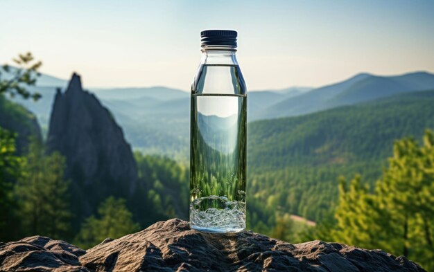 Fotografía de cerca de una botella de agua refrescante en una roca con vistas a las montañas