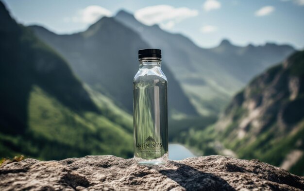 Fotografía de cerca de una botella de agua refrescante en una roca con vistas a las montañas