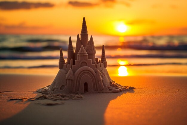 Fotografía de cerca de un castillo de arena en la playa al atardecer