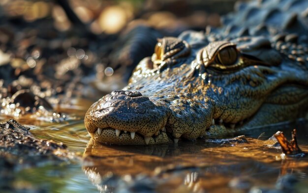 Una fotografía de cerca de un cocodrilo que acecha en las aguas turbias